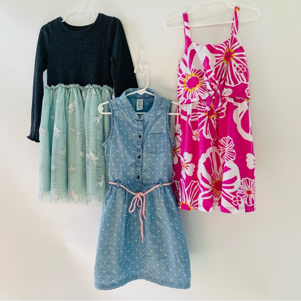 EUC Set of THREE Dresses Kids Size 6/6x Unicorn Floral Denim print hearts